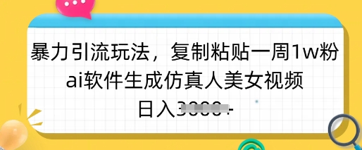 暴力引流玩法，复制粘贴一周1w粉，ai软件生成仿真人美女视频，日入多张-新时光资源网