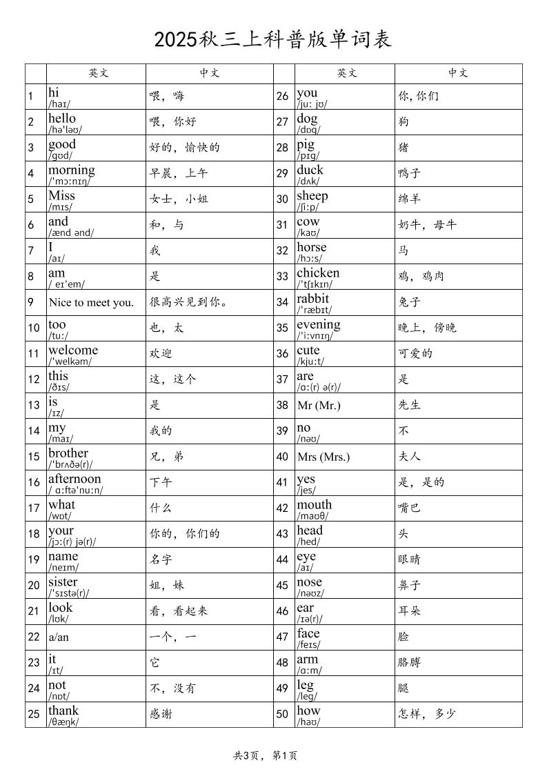 2025秋三上英语科普版单词表-新时光资源网