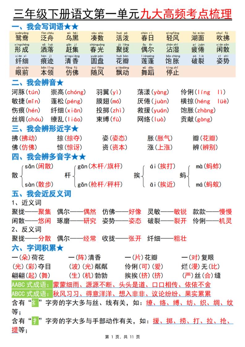 三下语文期中复习1-4单元高频考点梳理（11页）-新时光资源网