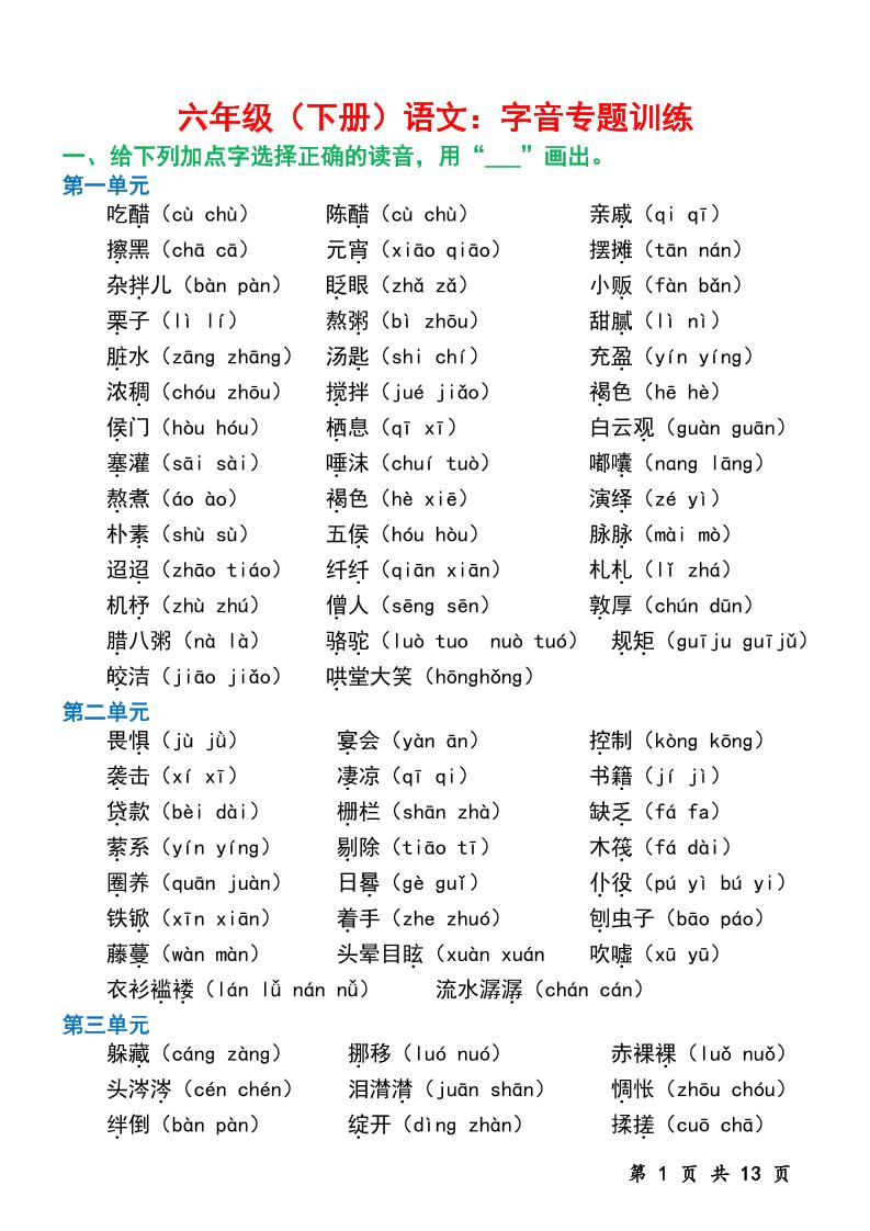 六下语文字音专题训练（含13页）-新时光资源网