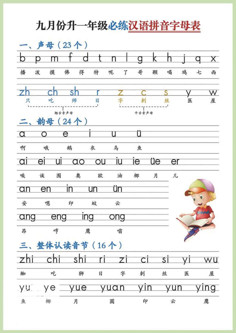 幼小衔接！语文九月份升一年级必练汉语拼音-声母-新时光资源网