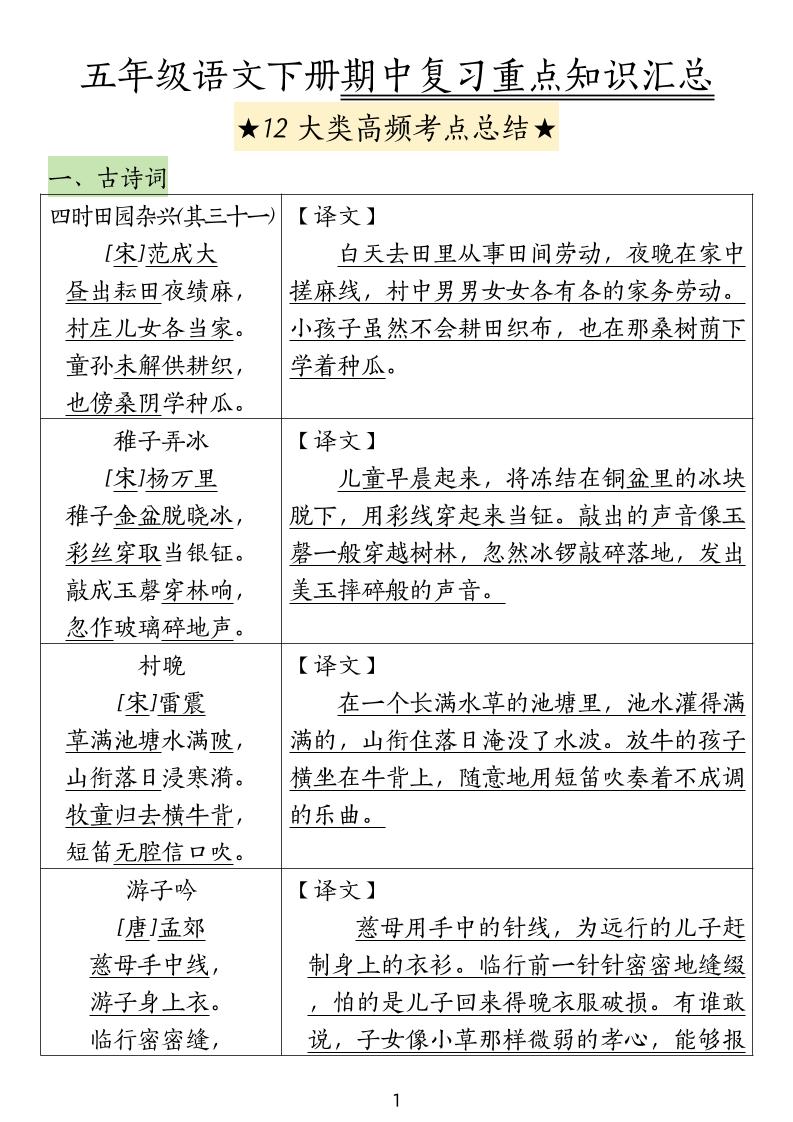 五下语文期中高频考点总结-新时光资源网