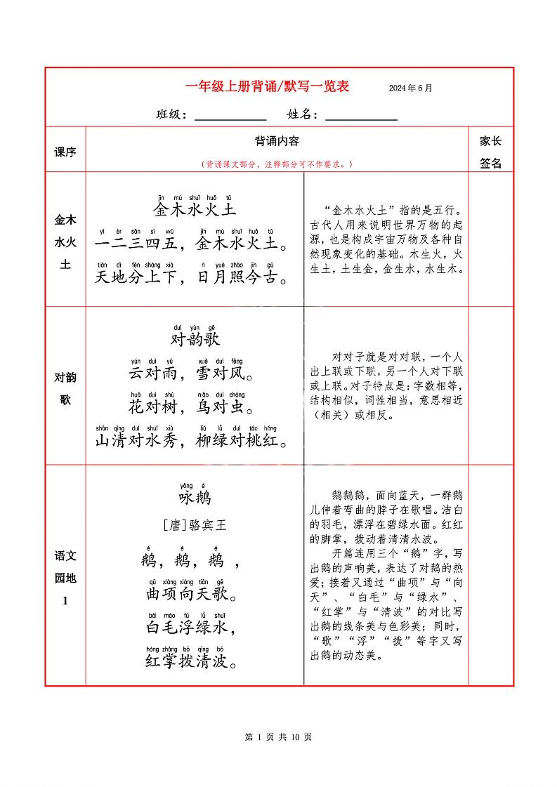 一上语文必背内容+默写表-新时光资源网