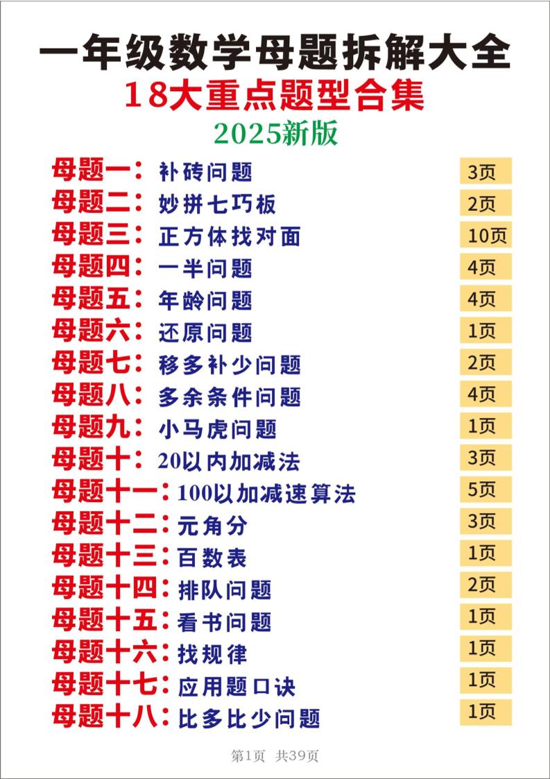 25一年级下册数学十八大母题重点题型39页-新时光资源网