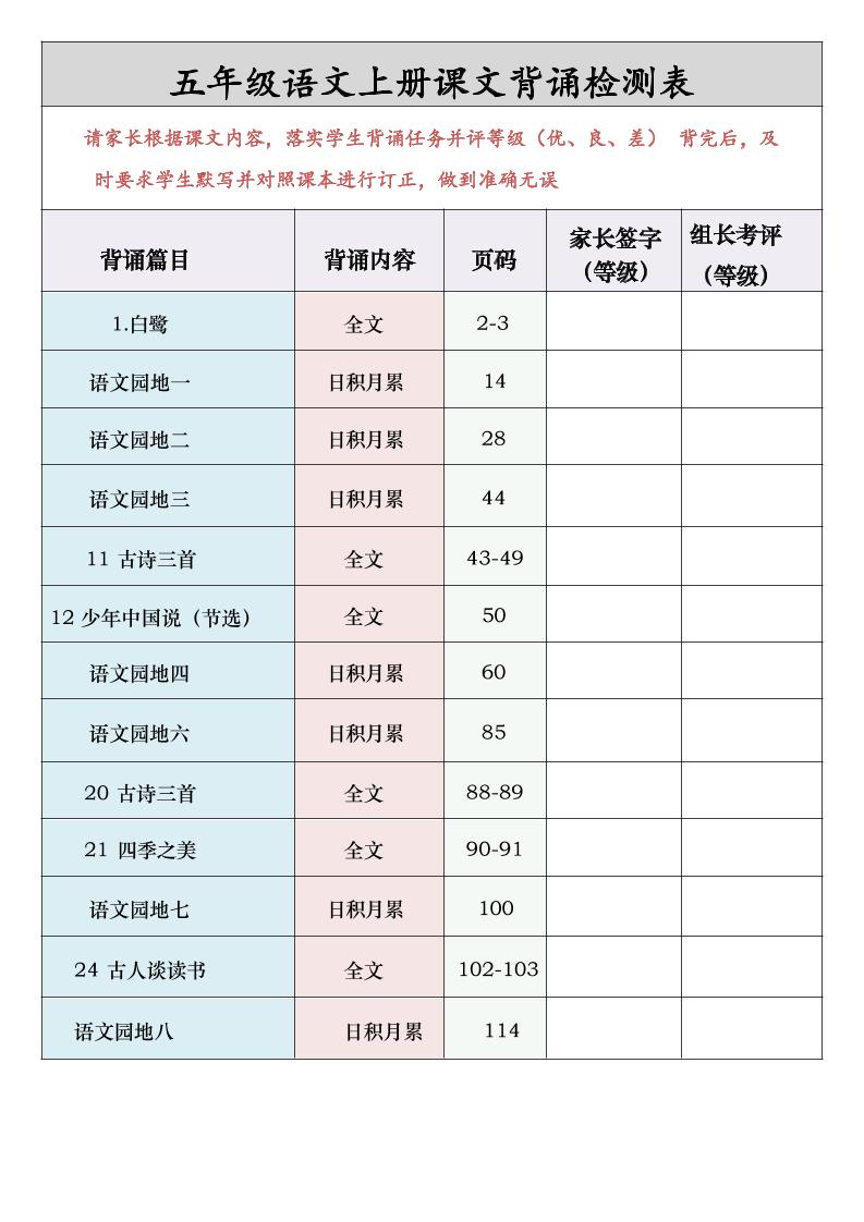 五年级语文上册课文背诵检测表-新时光资源网