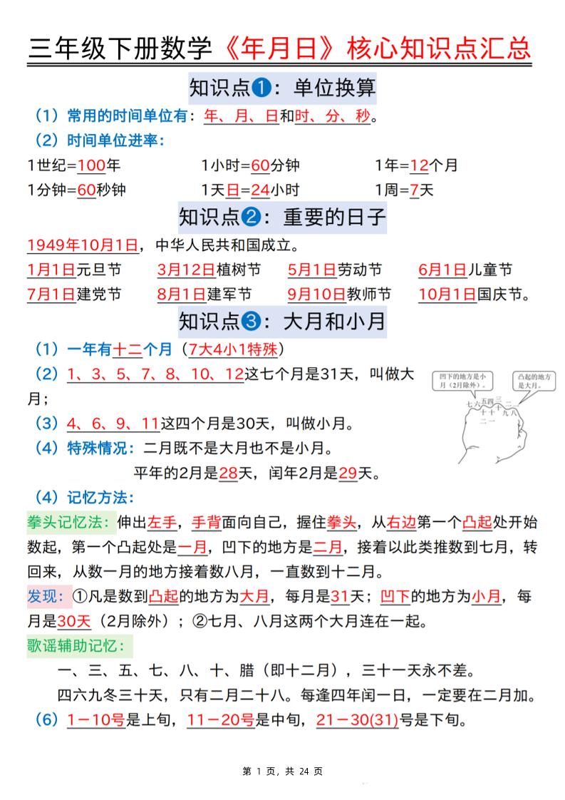 三下数学《年月日》核心知识点汇总+计算技巧+六大考点必刷题（练习+答案24页）-新时光资源网