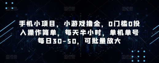 手机小项目，小游戏撸金，0门槛0投入操作简单，每天半小时，单机单号每日30-50，可批量放大-新时光资源网