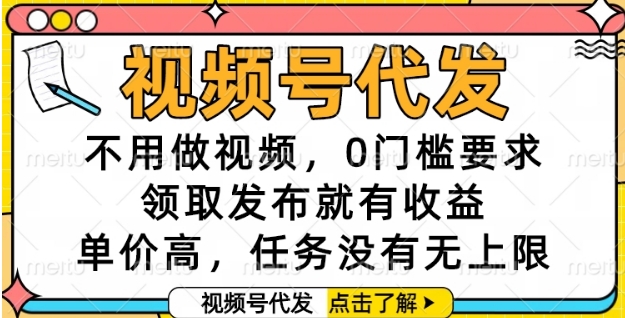 视频号代发，不用做视频，0门槛要求，领取发布就有收益，单价高，任务没有无上限【揭秘】-新时光资源网