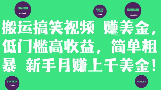 搬运搞笑视频挣美金，低门槛高收益，简单粗暴新手月入上千美刀-新时光资源网