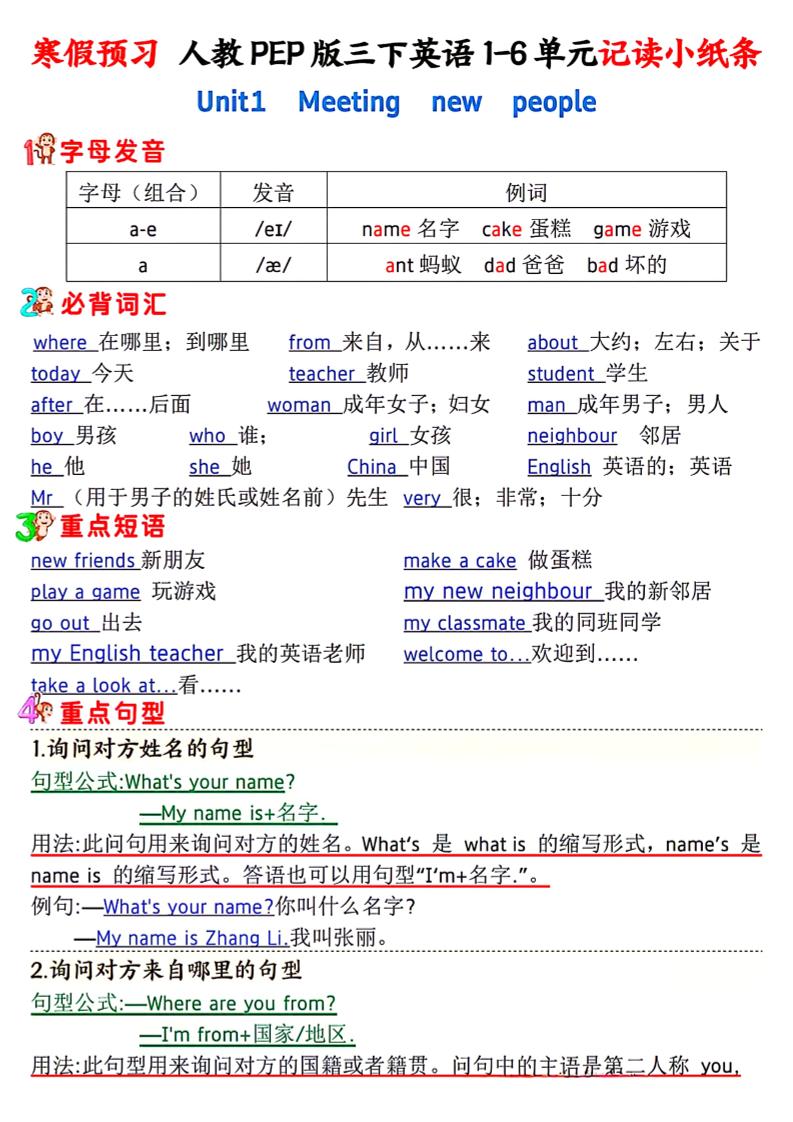 人教PEP版三下英语1-6单元记读小纸条-新时光资源网