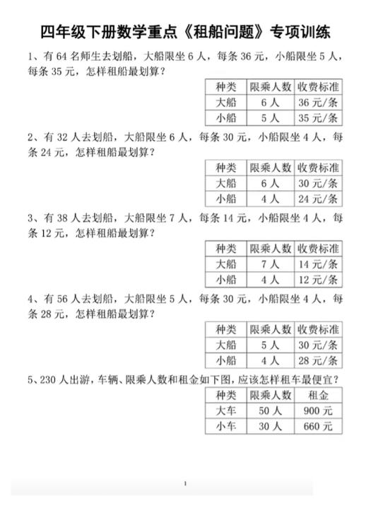 四下数学人教版《租船问题》专项训练-新时光资源网