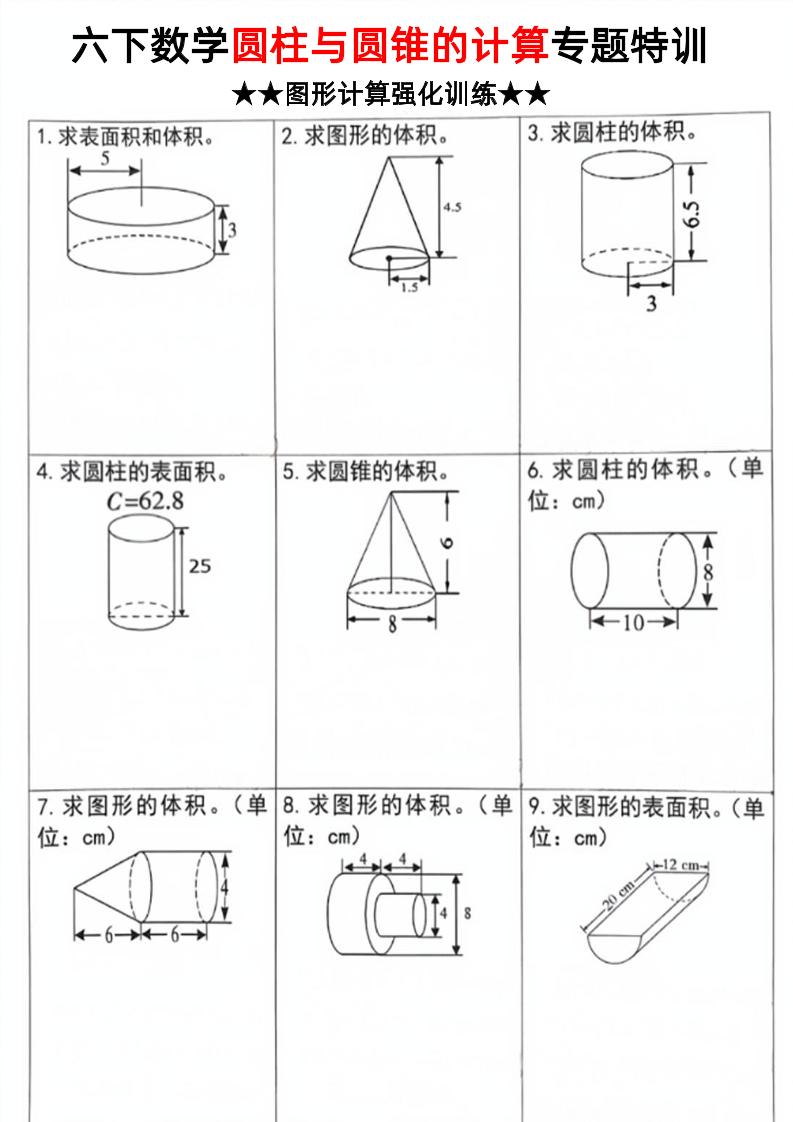 六年级下数学圆柱和圆锥计算专题特训-新时光资源网