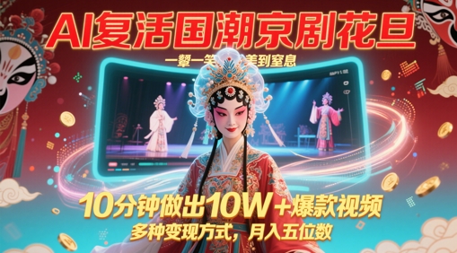 AI复活国潮京剧花旦，一颦一笑美到窒息，10分钟做出10W+爆款视频，多种变现方式，月入五位数-新时光资源网