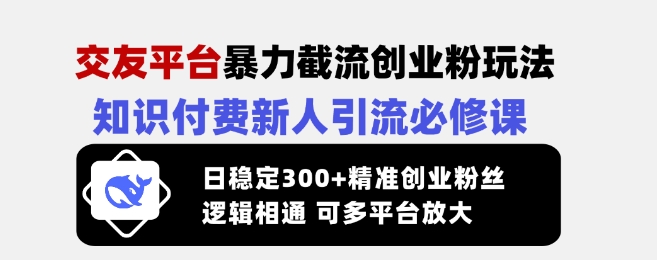 交友平台暴力截流创业粉玩法，知识付费新人引流必修课，日稳定300+精准创业粉丝，逻辑相通可多平台放大-新时光资源网