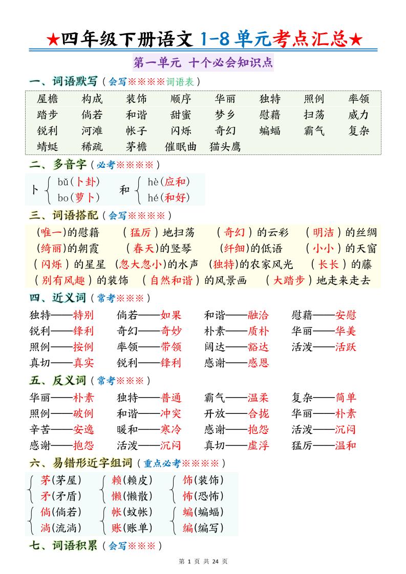 四下语文期末1-8单元十大考点必背-新时光资源网
