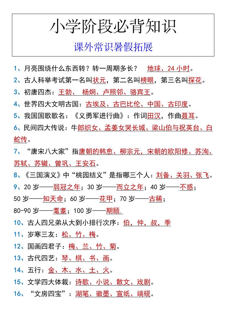 小学阶段必背知识课外常识暑假拓展-小升初语文-新时光资源网
