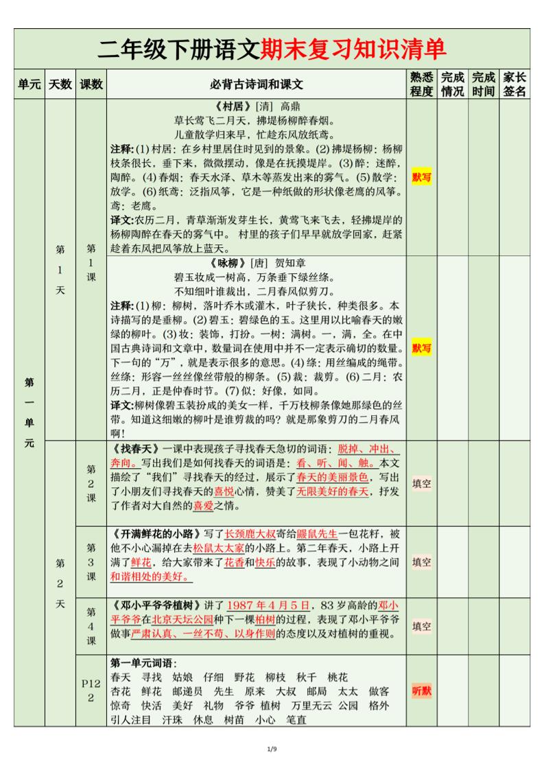 二年级下语文期末复习计划清单-新时光资源网