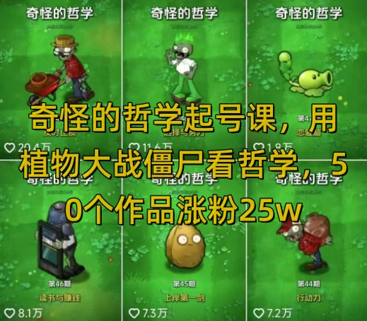 奇怪的哲学起号课，用植物大战僵尸看哲学，50个作品涨粉25w，暴力撸收益，全平台均可发布-新时光资源网