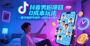 抖音男粉项目0成本玩法，一部手机即可操作，日均4张+，时间自由-新时光资源网