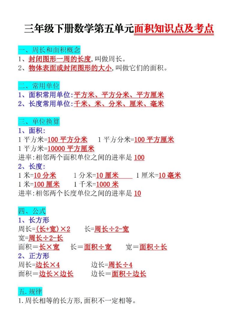 三下数学面积知识点与考点-新时光资源网