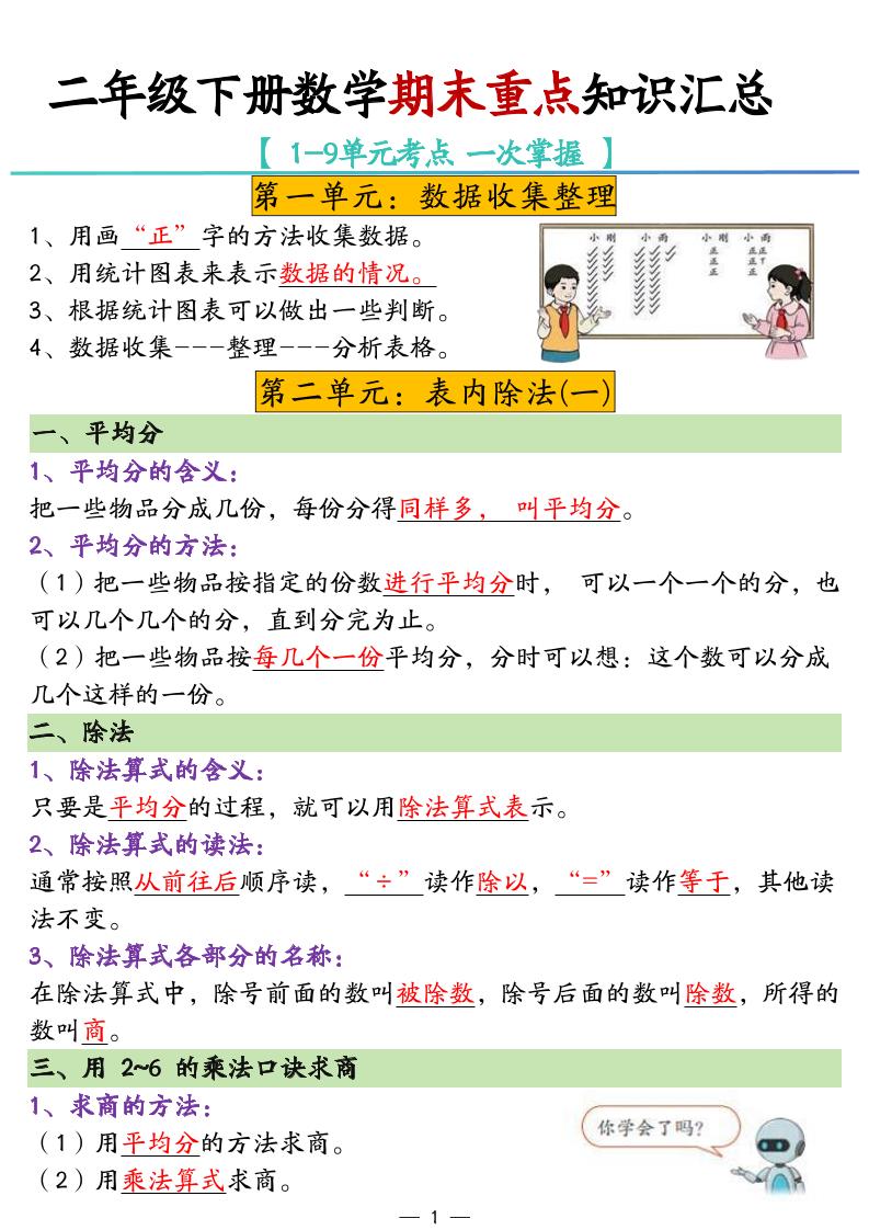 二年级下册数学期末重点知识汇总-新时光资源网