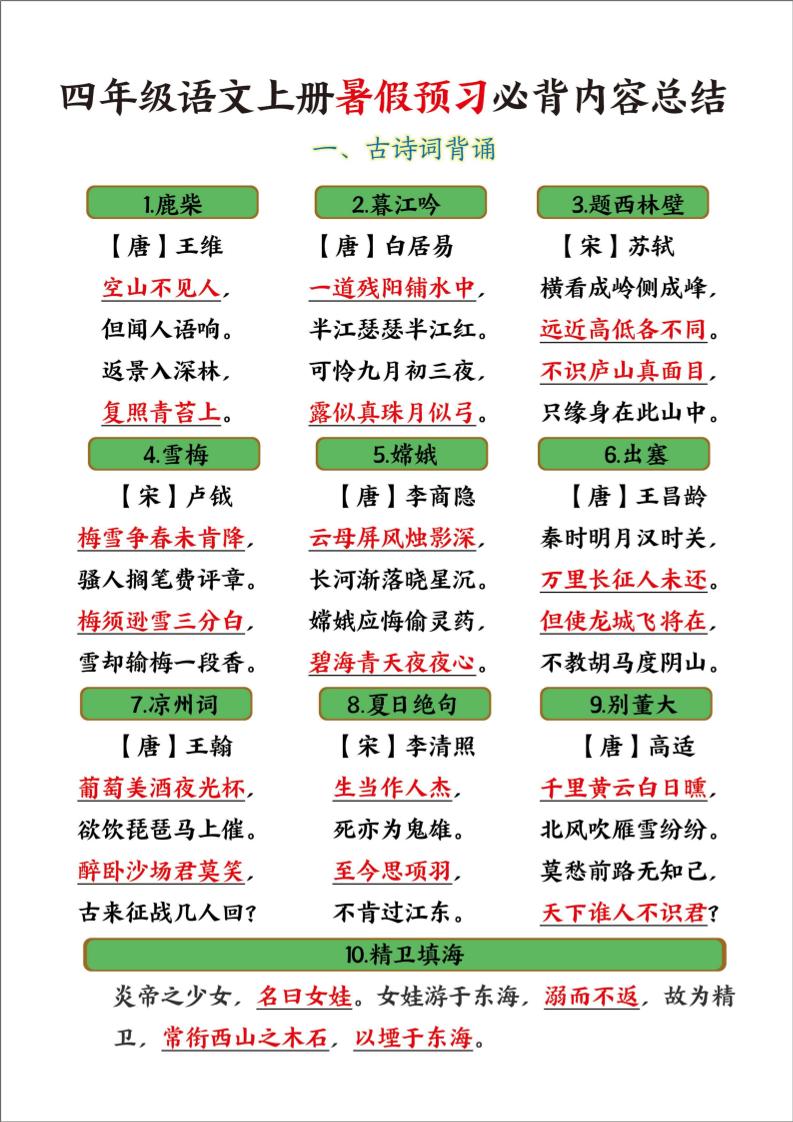 四年级语文上册暑假预习必背内容总结-新时光资源网
