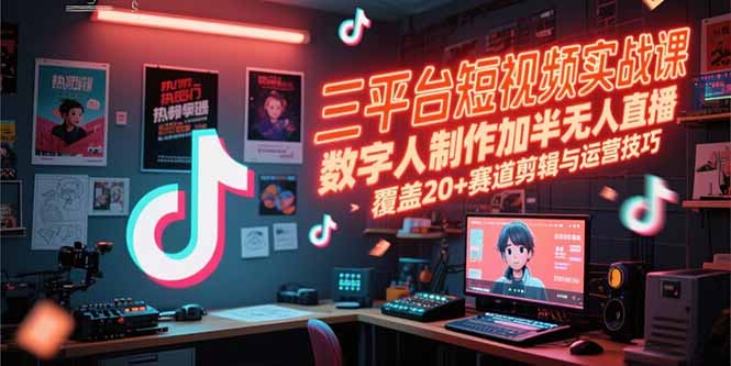 三平台短视频实战课，数字人制作加半无人直播，覆盖20+赛道剪辑与运营技巧-新时光资源网