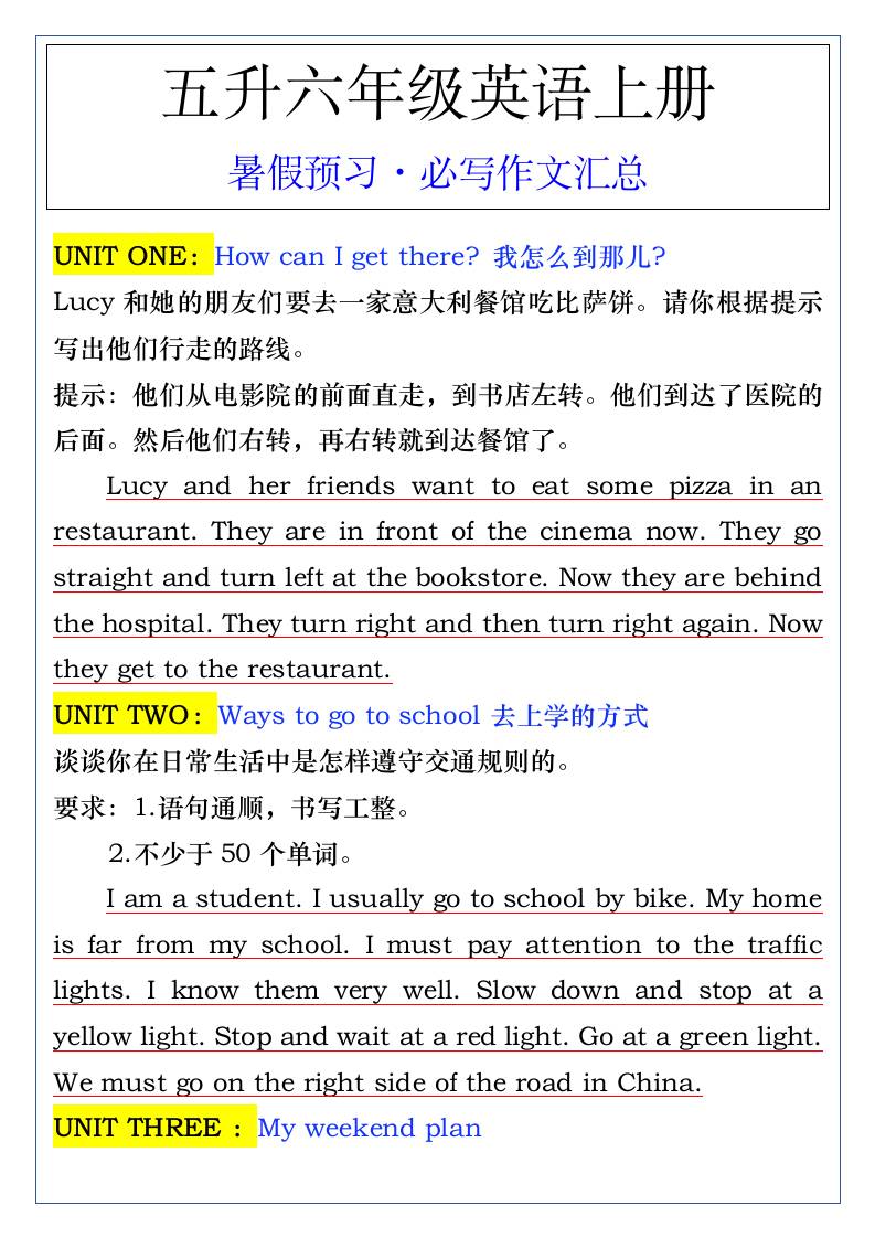 五升六年级英语上册暑假预习·必写作文汇总-六上英语-新时光资源网