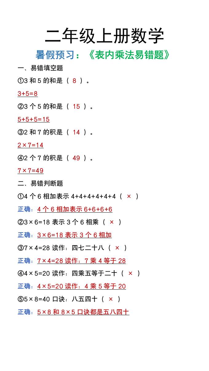 二年级上册数学暑假预习《表内乘法易错题》-新时光资源网