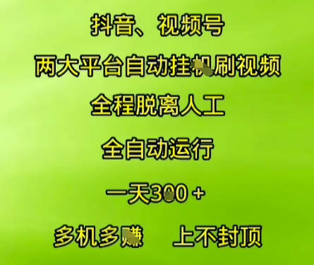 抖音视频号两大平台自动运行，全程脱离人工，自动获取收益，一天3张+，多机多挣，上不封顶【揭秘】-新时光资源网