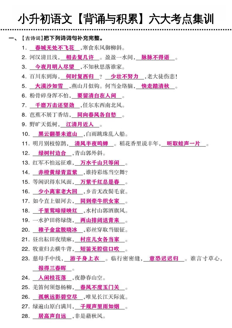 《小升初语文【背诵与积累】六大考点集训》-新时光资源网