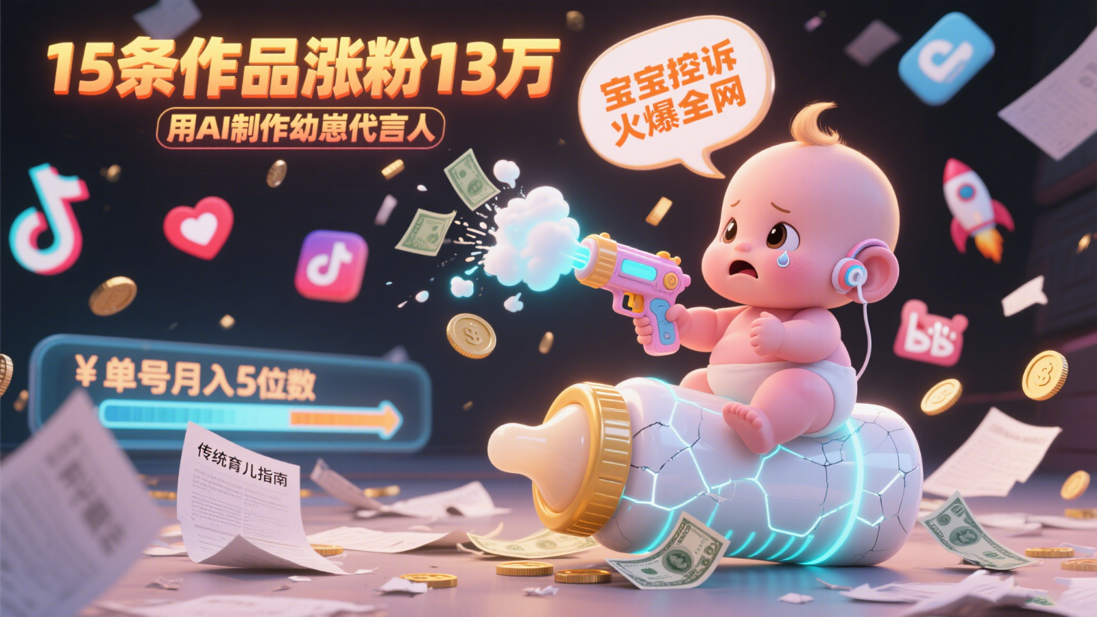 用AI制作幼崽代言人，宝宝的控诉火爆全网，15条作品涨粉13万，单号月入5位数实操教程-新时光资源网