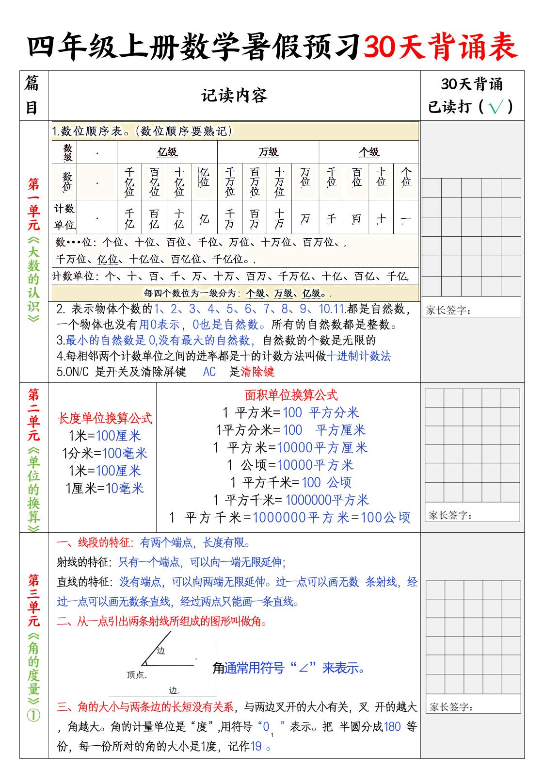 四上数学30天记录单-新时光资源网
