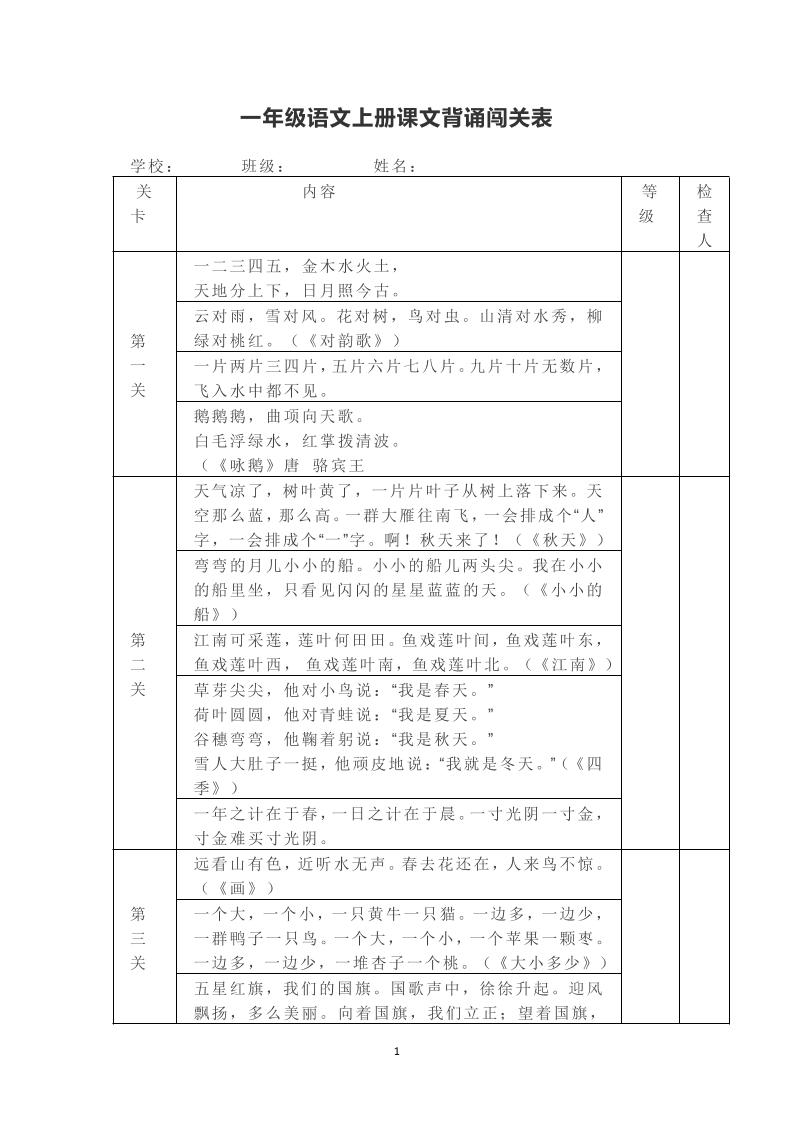 一年级上册语文背诵课文内容及闯关表-新时光资源网