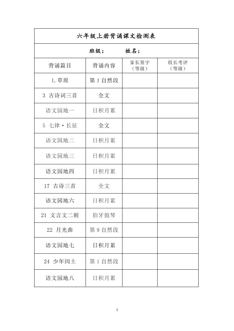 六年级上册背诵课文检测表及内容-语文-新时光资源网