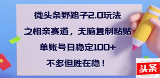 微头条野路子2.0玩法之相亲赛道，无脑搬砖复制粘贴，单账号日稳定300+…-新时光资源网