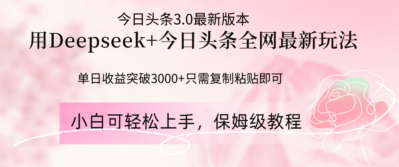 Deepseek结合今日头条全网最新玩法，单日收益突破3000+，只需要简单的…-新时光资源网