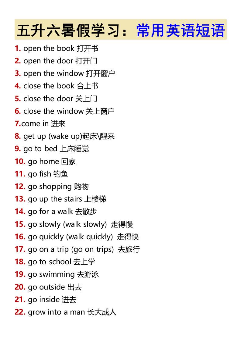 五升六暑假学习：常用英语短语-六上英语-新时光资源网