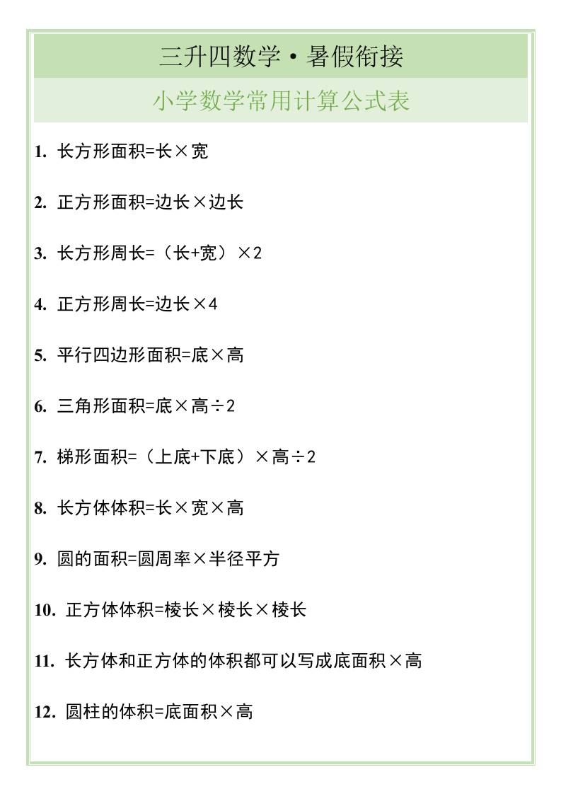 三升四暑假衔接，小学数学常用计算公式表-四上数学-新时光资源网