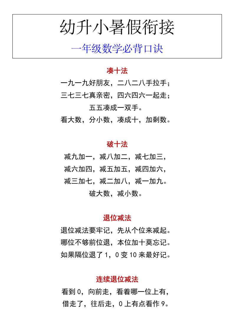 幼升小暑假衔接一年级数学必背口诀-新时光资源网