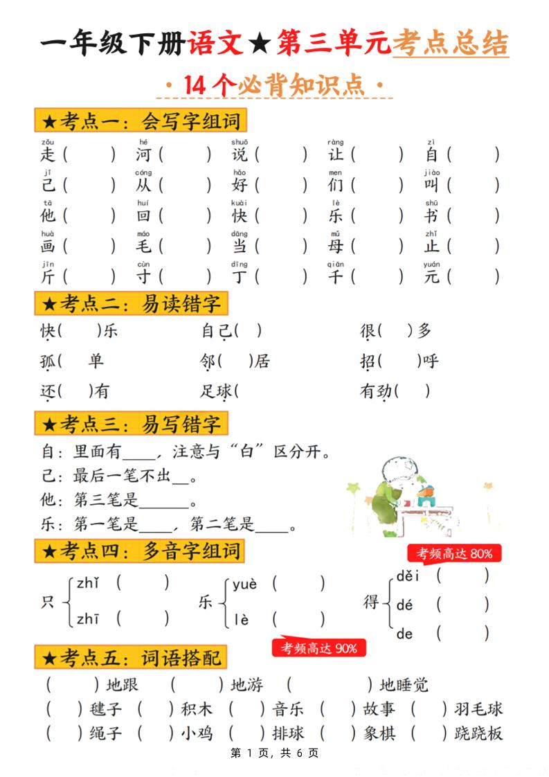 一下语文第三单元考点总结（含练习6页）-新时光资源网