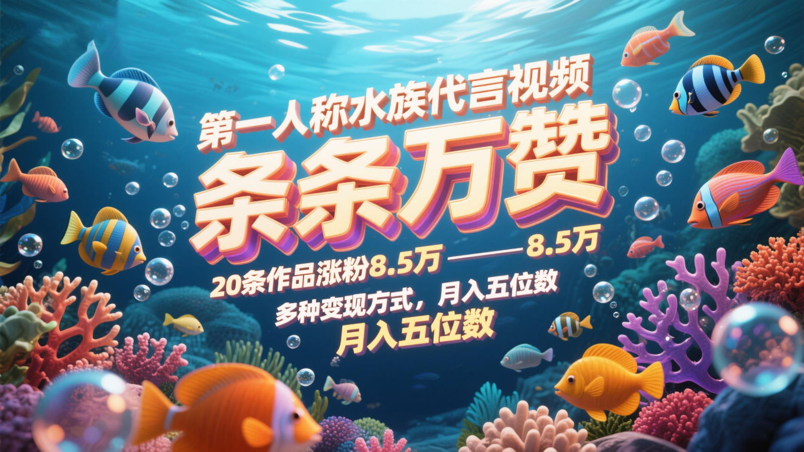 第一人称水族代言视频，条条万赞，20条作品涨粉8.5万，多种变现方式月，入五位数-新时光资源网