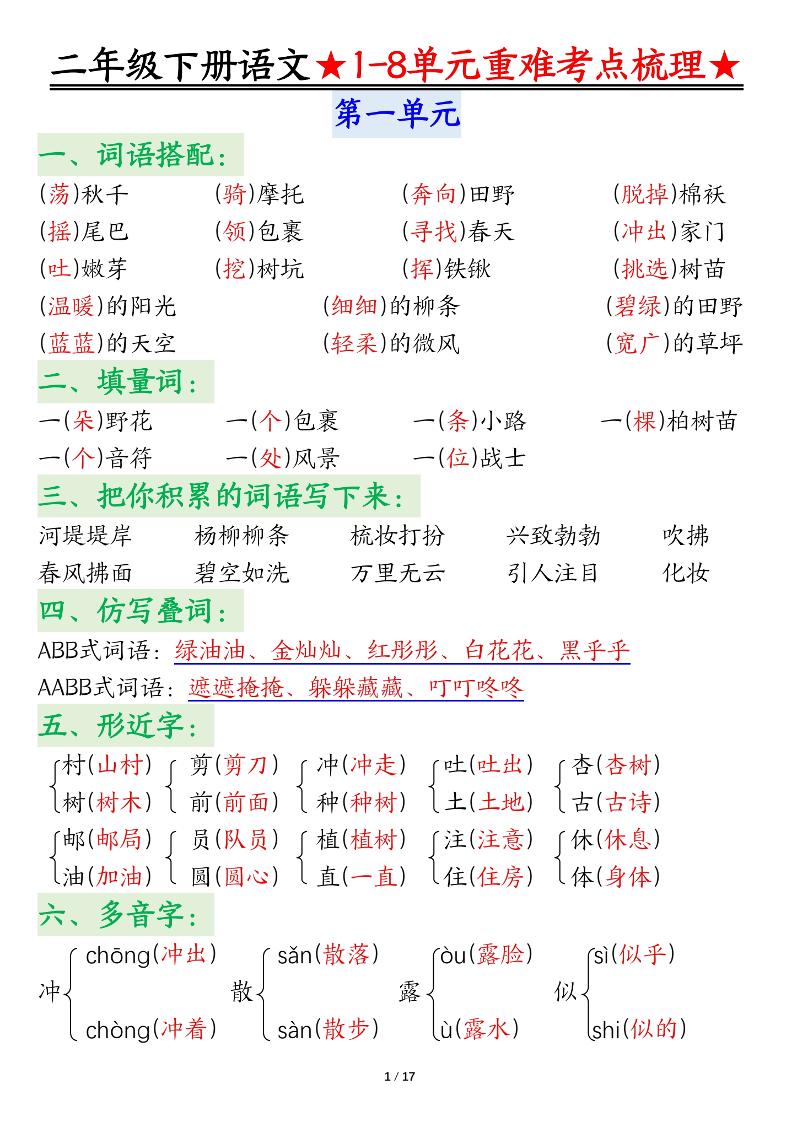二下语文期末复习1-8单元重难考点梳理总结（17页）-新时光资源网