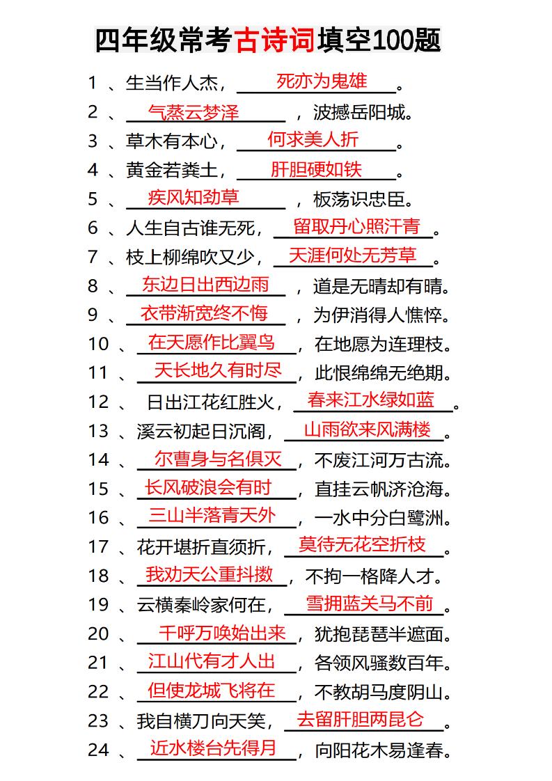 四年级下语文常考古诗词填空100题有答案-新时光资源网